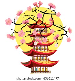 Sakura cherry sunset Chinese pagoda  Vector illustration