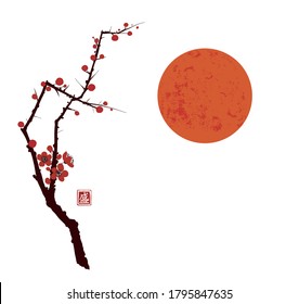 Sakura cherry tree blossom and big red sun on white background. Traditional oriental ink painting sumi-e, u-sin, go-hua. Hieroglyph - blossom.