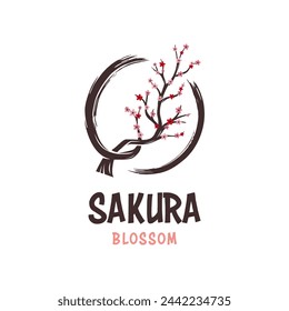 Sakura cherry tree blossom in enso zen circle vector image. Blossoming branch of oriental cherry in black enso logo vector.
