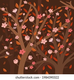 Sakura or cherry tree flowers. Pink lovely botanical elements. Dark brown background. Square form print. Evening illustration.
