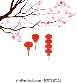 Sakura or cherry twigs with pink flowers. Red and gold Chinese lanterns. Vector illustration as Chinese New Year 2018 logotype, icon, template, greeting card, postcard, invitation.