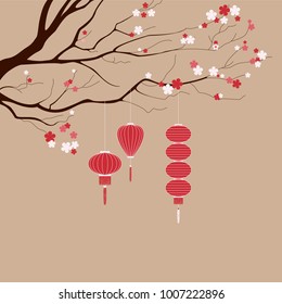 Sakura or cherry twigs with red and white flowers and Chinese lanterns on brown background. Vector illustration as Chinese New Year 2018 logotype, greeting card, postcard, invitation.