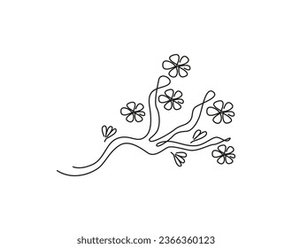 Sakura continuous line drawing. Botanical monoline, line art, outline. Japan flower, cherry blossom. Symbol, icon, logo, sketch.