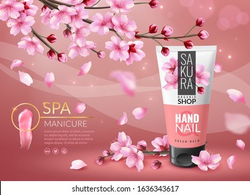 Sakura cosmetic. Cherry blossom sakura branches with pink petals cosmetics ad, cream or perfume bottle luxury promotional advertisement poster vector template