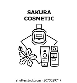 Concepto de icono del vector estético de Sakura. Flor De Árbol Natural Sakura Acondicionamiento Cosmético Y Perfume. Crema Orgánica Aromática De Flores, Espuma Y Esencia. Cosmetología de Higiene Ilustración negra