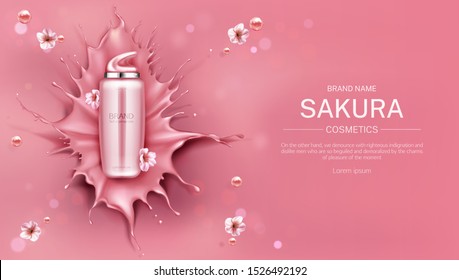 Sakura cosmetics bottle mock up banner, beauty skin care cosmetic product tube on pink liquid splash background with drops and cherry flowers. Cream, lotion package. Realistic 3d vector illustration