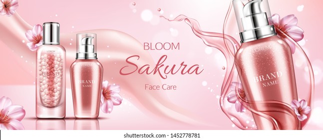 Sakura cosmetics bottles mockup banner, serum and primer with pearl spheres beauty cosmetic product tubes on pink background with bloom cherry flowers and water splash Realistic 3d vector illustration