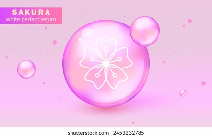 Sakura cosmetics. Facial cleanser banner, beauty cosmetic product on pink background with sakura flowers. Milk, gel, scrub. Collagen Sakura Serum, Vitamin and Background Vector Skin Care Cosmetic