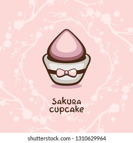 Sakura Cupcake vector illustration. Template for confectionery, cafe and sweet-shop logo. Traditional japan dessert.