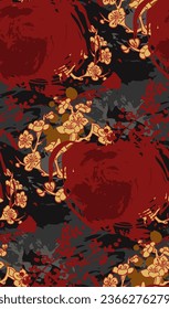 sakura dark red japanese chinese traditional vector illustration card background seamless pattern colorful watercolor ink textured