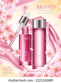 Sakura essence ads with pink satin and flowers elements in 3d illustration