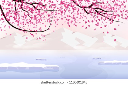 Sakura falling scatter, landscape with ice mountain, season change holiday japanese background traveling poster concept, vector illustration