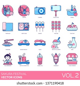 Sakura festival icons including US, europe, camera, selfie stick, picnic, tarpaulin, bento box, dango, yakitori, takoyaki, yakisoba, mochi, sushi, ice cream, sake, ceremony, matcha, bubble, rowboat.