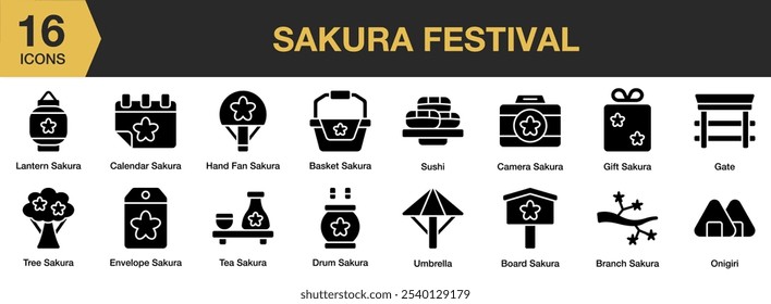 Sakura Festival solid icon set. Includes umbrella, tree, tea, sushi, onigiri, lantern, hand fan, and More. Solid icons vector collection.