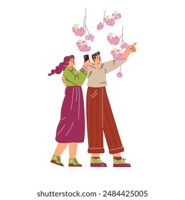 Sakura festival vector illustration. A young couple enjoys Hanami and takes pictures of the cherry blossoms. Flat cartoon style on isolated background.