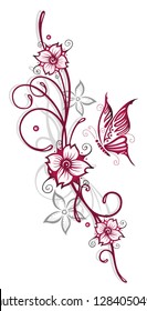 Sakura. Filigree Tribal Tattoo ornament with flowers, butterfly and cherry blossoms. Cherry red and gray.