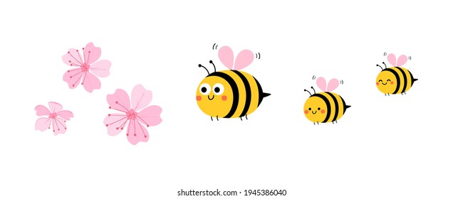 Sakura Flower And Bee Cartoon Icon Isolated On White Background Vector Illustration.