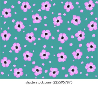 sakura flower blossom  pattern on green background. elegant naive spring floral design element for invitation, card, poster, greetings, wedding.