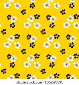 sakura flower blossom seamless pattern on sunny yellow background. elegant naive spring floral design element for invitation, card, poster, greetings