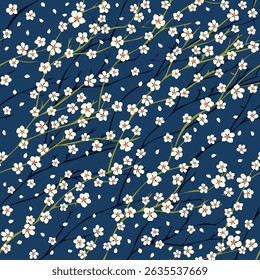 Sakura flower botanical background. Vector seamless pattern. Apple tree and apricot blossom decorative allover print. Fabric and surface pattern design with cherry blossom.