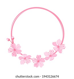 Sakura Flower Circle Frame On White Background Vector Illustration.