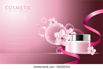 Sakura flower cosmetic product poster, pink bottle package design with moisturizer cream or liquid, sparkling background with glitter polka, vector design.