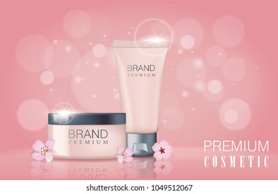 Sakura flower cosmetic promotional poster template. Two exquisite containers with flowers and sunlight effect isolated on pink background. Vector illustration