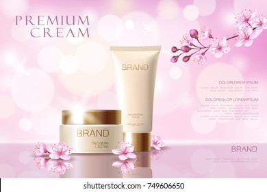 Sakura flower cosmetic promotional poster template. Pink petal blossom japanese branch. Golden pink package realistic 3d face care defocused background vector illustration