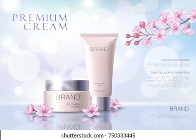 Sakura flower cosmetic promotional poster template. Pink petal blossom japanese branch. Golden pink package realistic 3d face care defocused background vector illustration