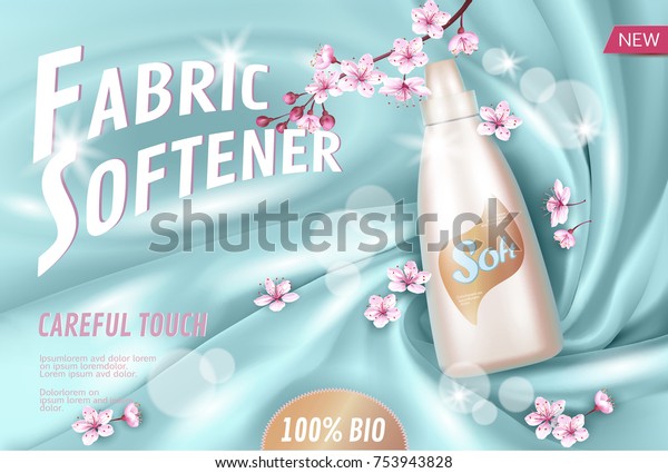 Sakura flower fabric softener promotional poster\
template. Pink petal blossom japanese branch aroma. Golden package\
realistic 3d silk light blue soft satin background vector\
illustration art