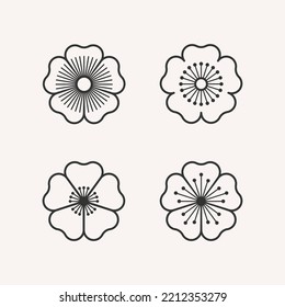 Sakura flower icon. Cherry blossom. Set of 4 geometric shape. Modern linear design graphic elements.