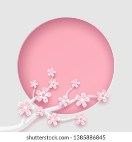 sakura flower  and leafs in vector paper art design with shadows in pink color tone . Frame or space for add the text label used for a magazine, web, signboard promotion and the other.