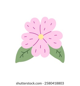 Sakura Flower with leaves. Hand drawn vector illustration of cherry blossom in flat style. Beautiful spring pink flower. Japanese Hanami symbol