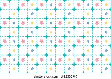 Sakura Flower Modern Grid Wave Geometric Fabric Seamless Patterns. Pastel Flower Background Textile.