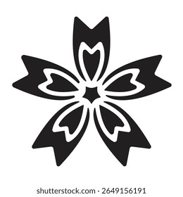 Sakura flower silhouette symbol, black Japanese cherry blossom icon with bold petal design