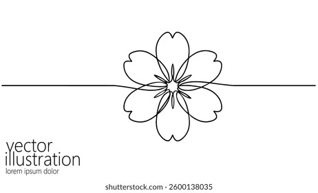 Sakura flower single line drawing. Petals bloom minimalist style. Decoration print design textile. Black lines white background vector illustration.