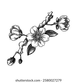 Sakura flower sketch. Cherry blossom vector illustration. Blooming tree branch drawing. Hand-drawn spring design element. NOT AI generated