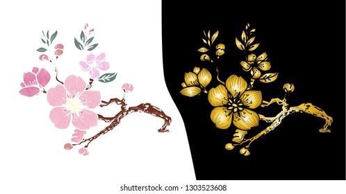 Sakura flower tattoo.Hand drawn isolate cherry blossom flower of Japan.Outline and silhouette peach blossom.