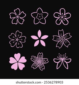 Conjunto de iconos de vectores de flores de Sakura. colección de letrero de ilustración de plantas de jardín. Hermoso símbolo. logo de la planta.