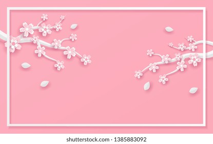 sakura flower in vector paper art design with shadows in pink color tone . Frame or space for add the text label used for a magazine, web, signboard promotion and the other.