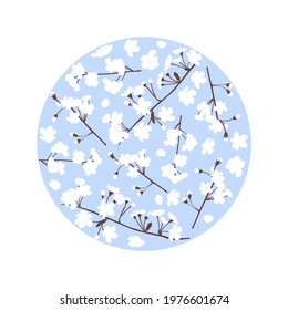 Sakura flower vector print in circle. White cherry flowers in vintage style for summer card in hand drawn style