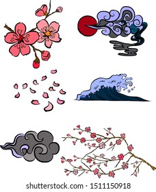 Sakura flower vector set.Japanese clouds and wave with sunrise on background.Chinese clouds.colorful cherry blossom.