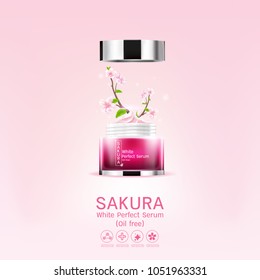Sakura flower White Perfect Serum or Collagen Vitamin and Background Vector Skin Care Cosmetic.