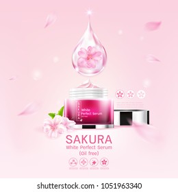 Sakura flower White Perfect Serum or Collagen Vitamin and Background Vector Skin Care Cosmetic.
