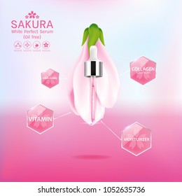 Sakura flower White Perfect Serum or Collagen Vitamin and Background Vector Skin Care Cosmetic.