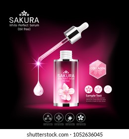 Sakura flower White Perfect Serum or Collagen Vitamin and Background Vector Skin Care Cosmetic.