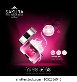 Sakura flower White Perfect Serum or Collagen Vitamin and Background Vector Skin Care Cosmetic.