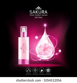 Sakura flower White Perfect Serum or Collagen Vitamin and Background Vector Skin Care Cosmetic.