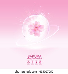 Sakura flower White Perfect Serum or Collagen Vitamin  and Background Vector Skin Care Cosmetic 