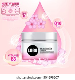 Sakura flower White Perfect Serum or Collagen Vitamin and Background Vector Skin Care Cosmetic